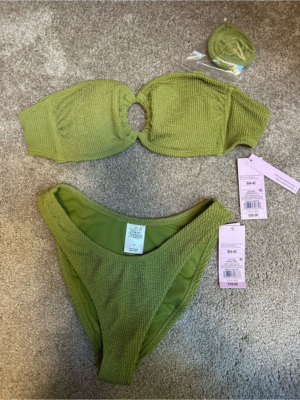 wild fable Olive Green Textured Bandeau Bikini Set with Ring Detail